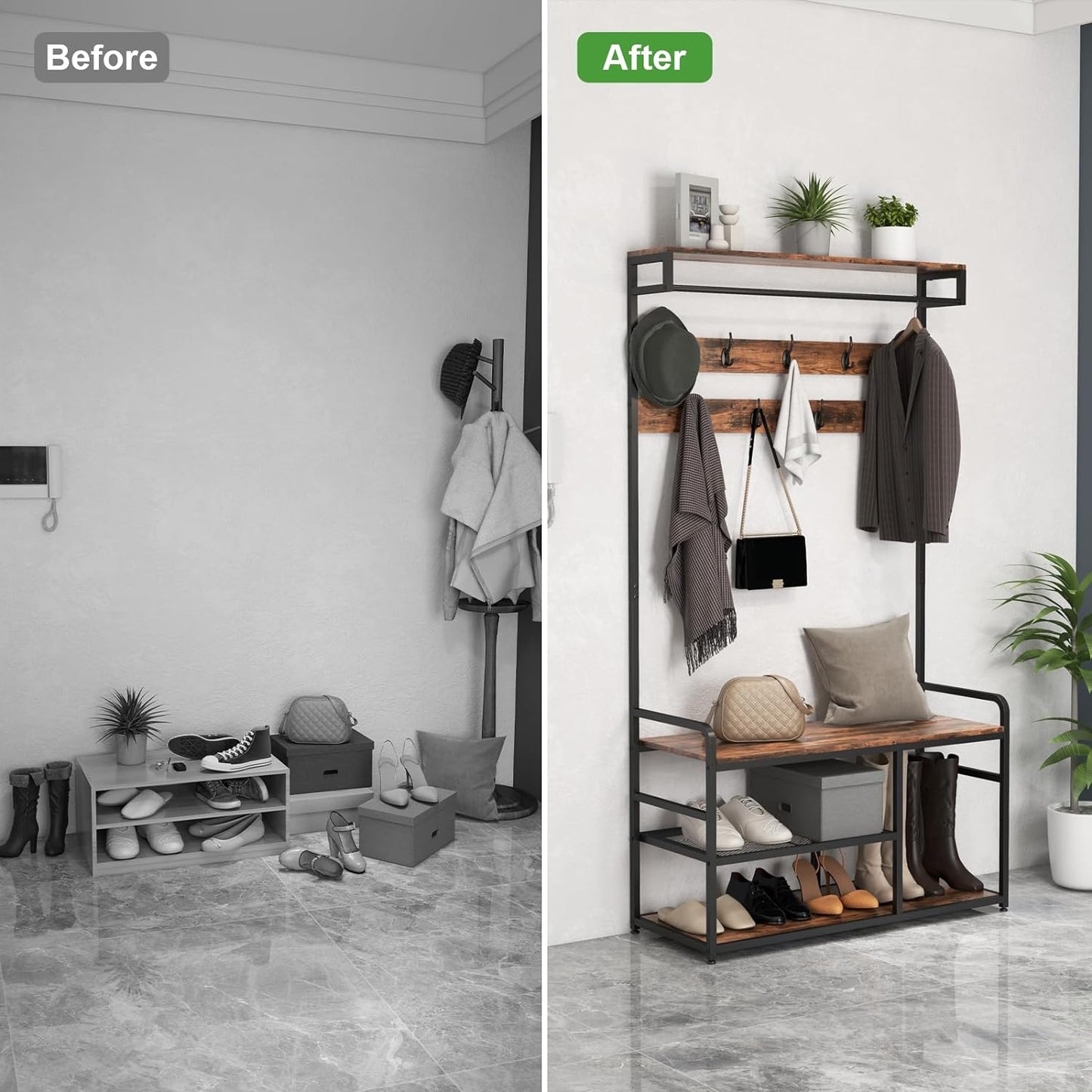 Hall Tree with Bench and Shoe Storage, 39.4in Entryway Hall Tree with Shoe Storage, Coat Rack Shoe Bench with Storage, Coat and Shoe Rack with 9 Hooks, Entryway Bench with Coat Rack, Brown