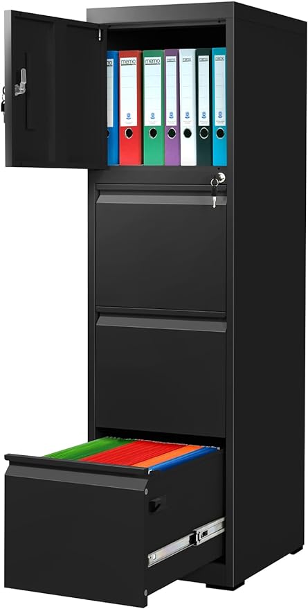 Vertical File Cabinet with 3 Drawers and 1 Door, Metal Filing Cabinets with 2 Locks for Home Office, Anti-Tip File Storage Cabinets for Letter/Legal/ A4 Folders, Assembly Required, Black