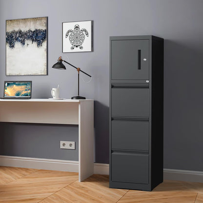 Vertical File Cabinet with 3 Drawers and 1 Door, Metal Filing Cabinets with 2 Locks for Home Office, Anti-Tip File Storage Cabinets for Letter/Legal/ A4 Folders, Assembly Required, Black