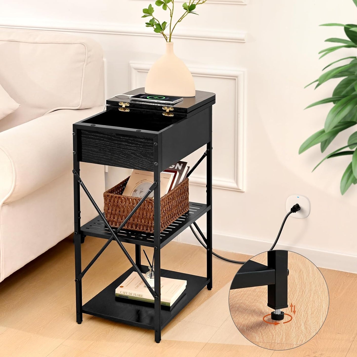 Livofloral Narrow End Table with Charging Station, Black Side Table with 3 USB Ports and 2 AC Outlets, Flip Top End Table with Storage, Side Tables Living Room, Nightstand with Drawer for Bedroom