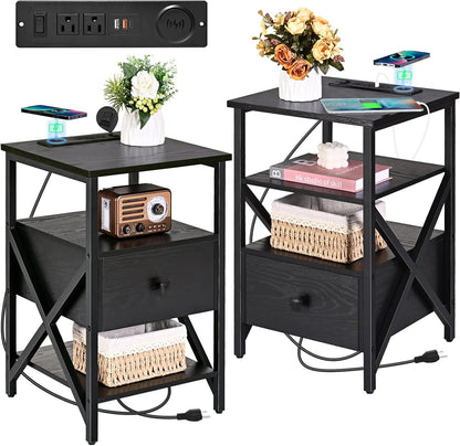 Side Tables with Charging Station, Black Charging End Table Bedside Table with Outlets, Nightstands with Wood Drawer, Night Stand with Storage for Bedroom, Living Room