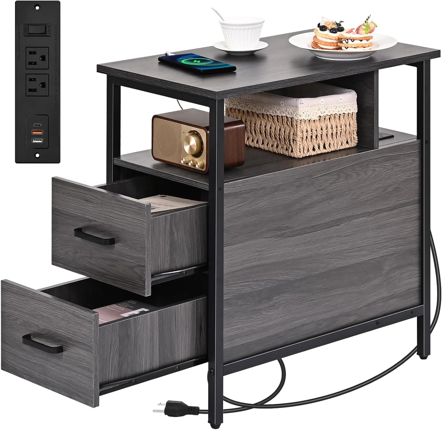 Livofloral Side Table, End Tables with Charging Station, Narrow End Table with Wooden Drawers, USB Ports and Power Outlets, Nightstand and Bedside Table, End Table Living Room, Bedroom, Dark Grey