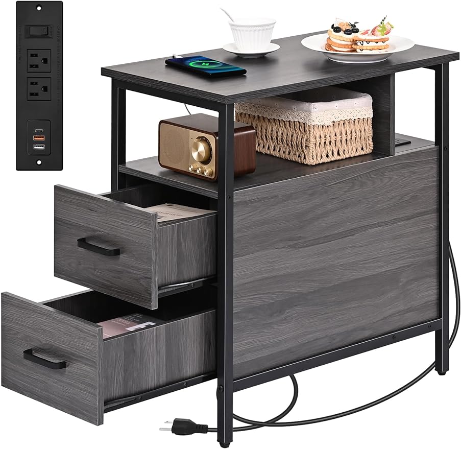 Livofloral Side Table, End Tables with Charging Station, Narrow End Table with Wooden Drawers, USB Ports and Power Outlets, Nightstand and Bedside Table, End Table Living Room, Bedroom, Dark Grey