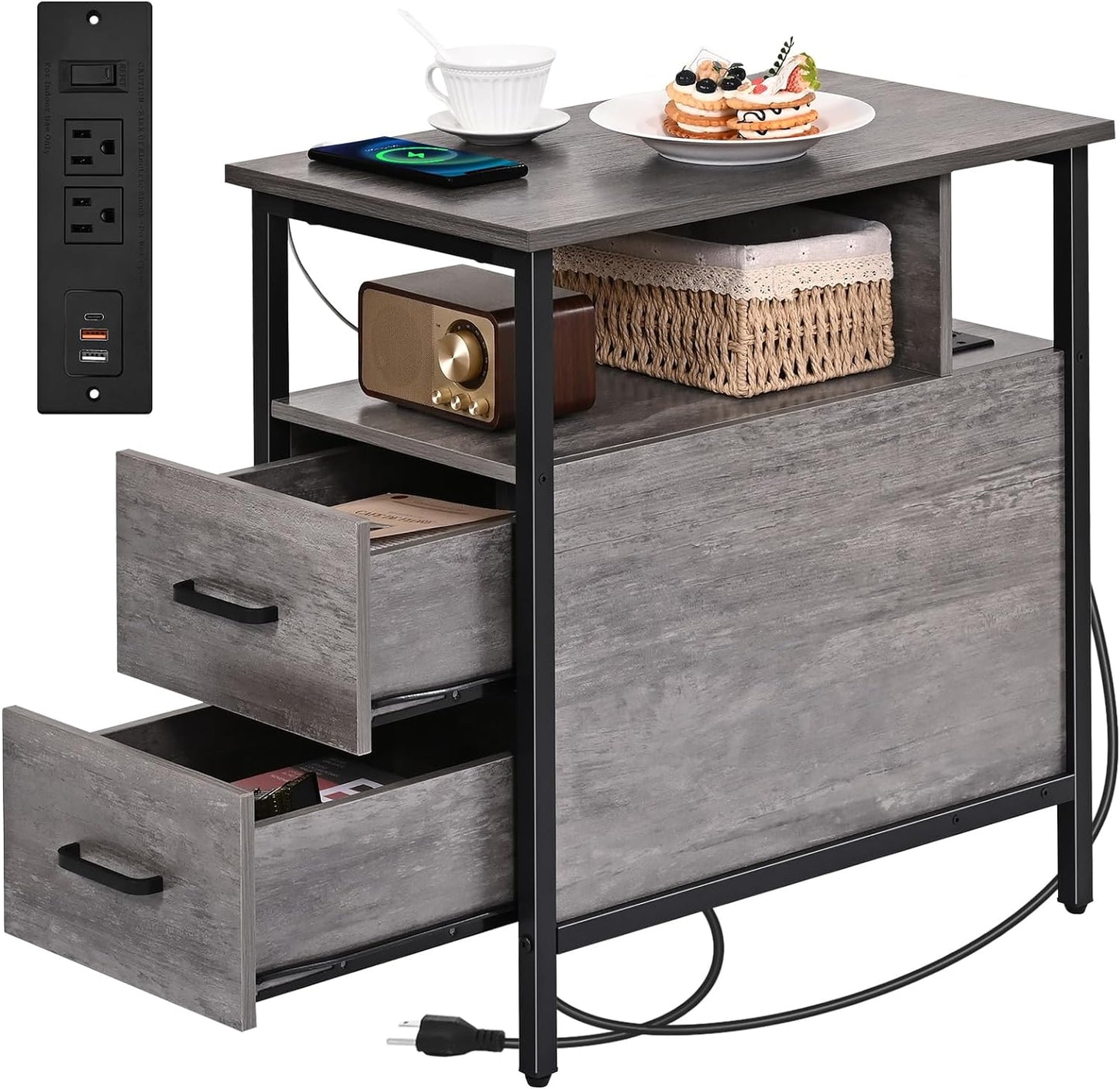 Livofloral Side Table, End Tables with Charging Station, Narrow End Table with Wooden Drawers, USB Ports and Power Outlets, Nightstand and Bedside Table, End Table Living Room, Bedroom, Dark Grey