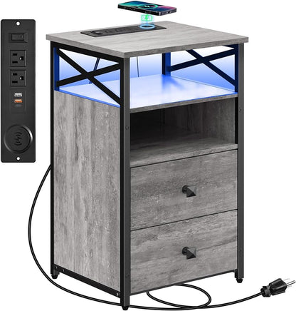 Livofloral LED End Tables with Wireless Charging Station and Wood Drawers, Grey Charging End Table Living Room with USB Ports and Outlets, Storage Bedside Table, Nightstands with LED Light for Bedroom