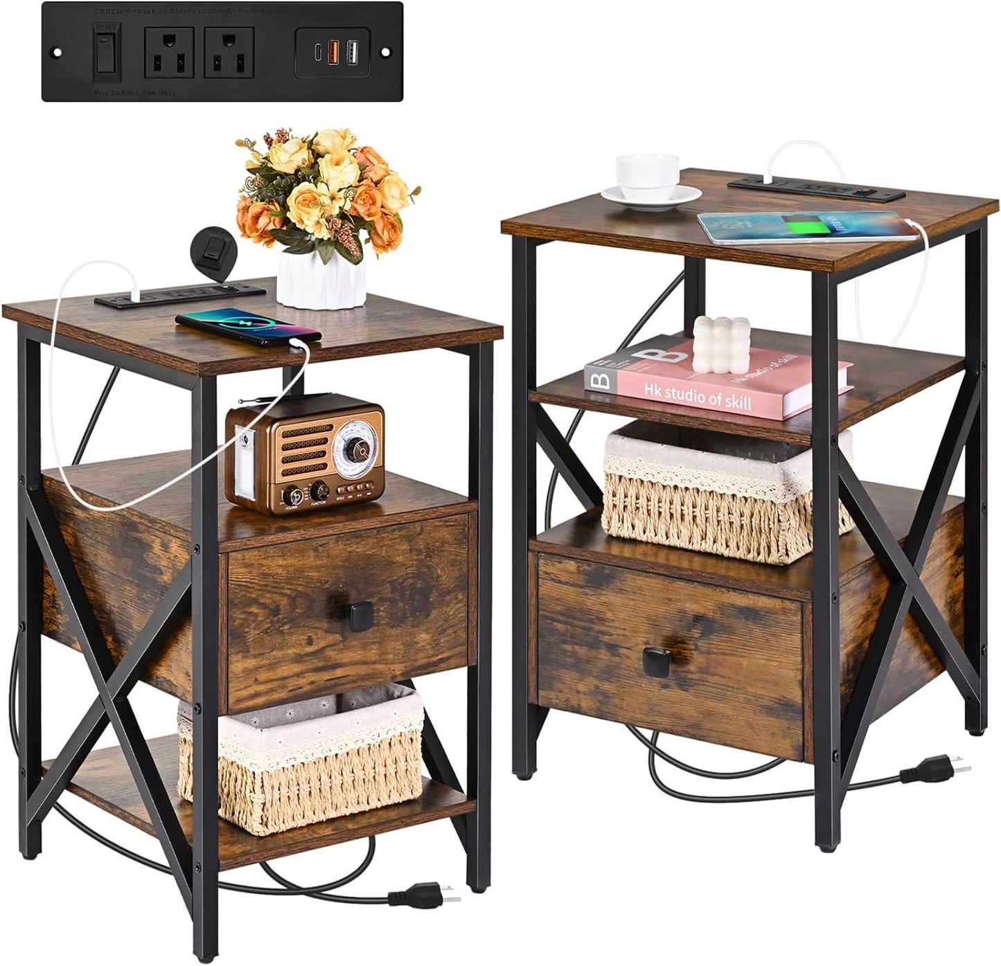 Side Tables with Charging Station, Black Charging End Table Bedside Table with Outlets, Nightstands with Wood Drawer, Night Stand with Storage for Bedroom, Living Room