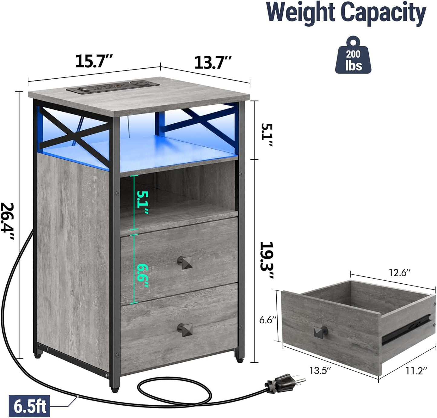 Livofloral LED End Tables with Wireless Charging Station and Wood Drawers, Grey Charging End Table Living Room with USB Ports and Outlets, Storage Bedside Table, Nightstands with LED Light for Bedroom