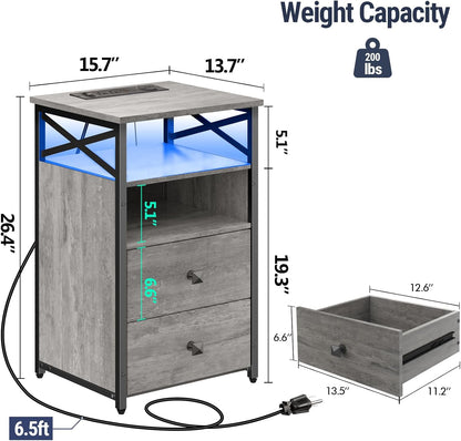 Livofloral LED End Tables with Wireless Charging Station and Wood Drawers, Grey Charging End Table Living Room with USB Ports and Outlets, Storage Bedside Table, Nightstands with LED Light for Bedroom