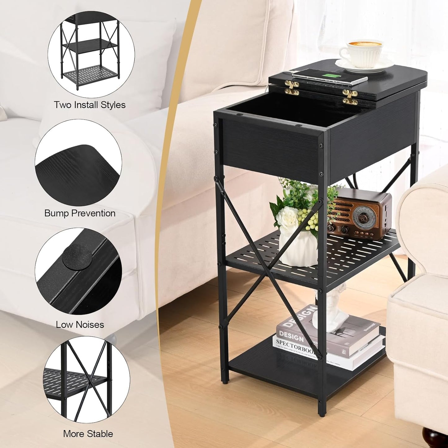 Livofloral Narrow End Table with Charging Station, Black Side Table with 3 USB Ports and 2 AC Outlets, Flip Top End Table with Storage, Side Tables Living Room, Nightstand with Drawer for Bedroom