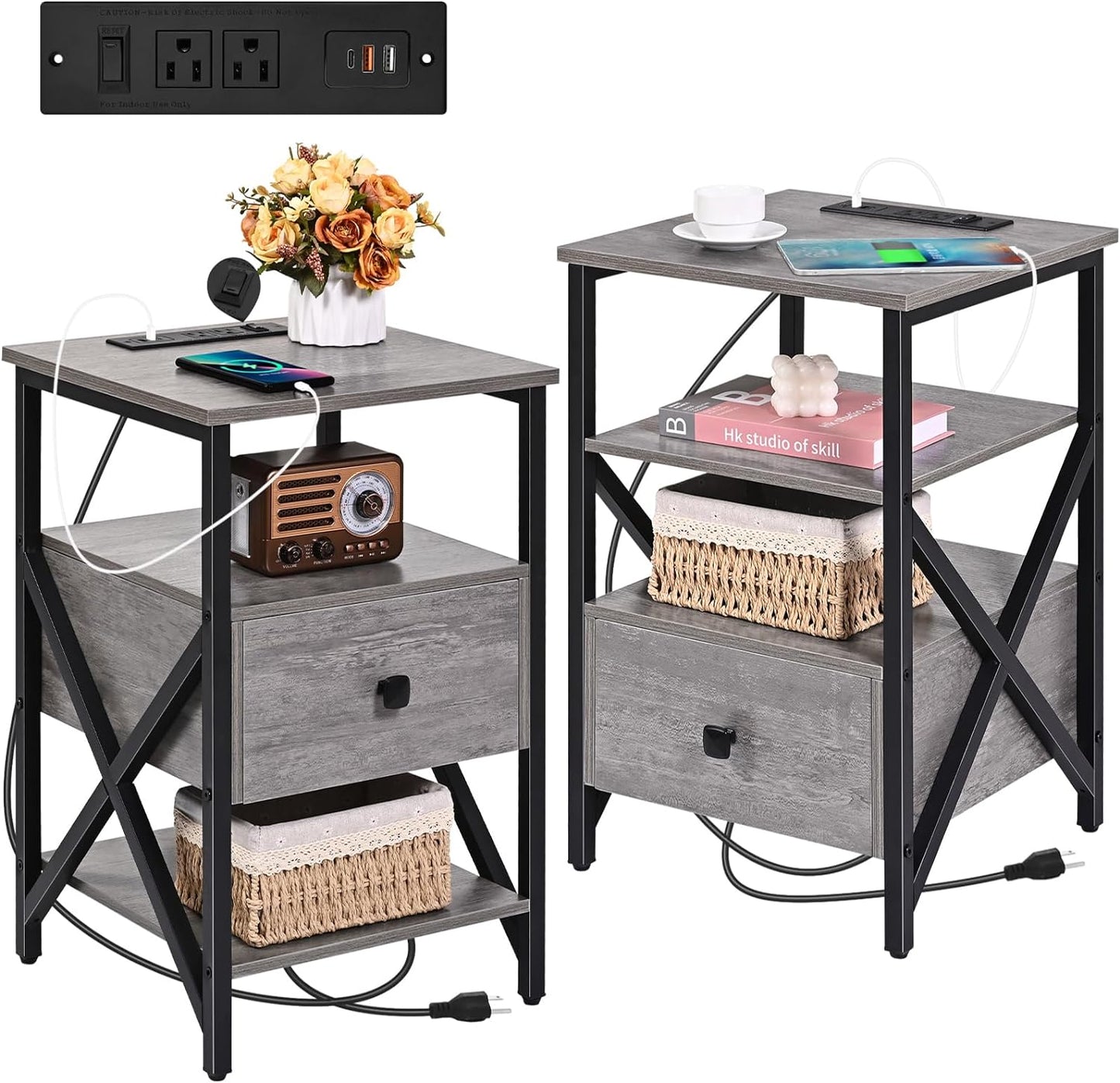 Side Tables with Charging Station, Black Charging End Table Bedside Table with Outlets, Nightstands with Wood Drawer, Night Stand with Storage for Bedroom, Living Room