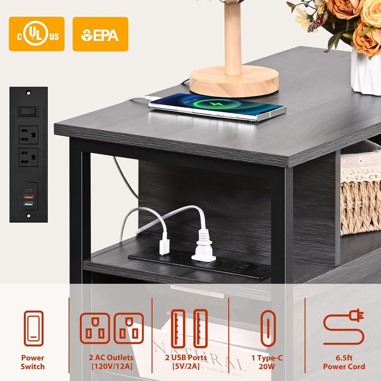 Livofloral Side Table, End Tables with Charging Station, Narrow End Table with Wooden Drawers, USB Ports and Power Outlets, Nightstand and Bedside Table, End Table Living Room, Bedroom, Dark Grey