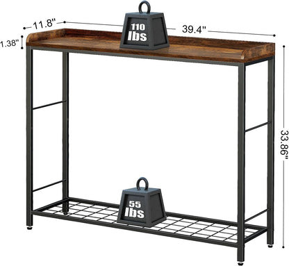 Livofloral 39.4" Entryway Table with Metal Grid Shelves, 2 Tier Narrow Sofa Tables & Console Tables with Baffle, Behind Couch Table for Hallway Bedroom Living Room Foyer Office, Rustic Brown