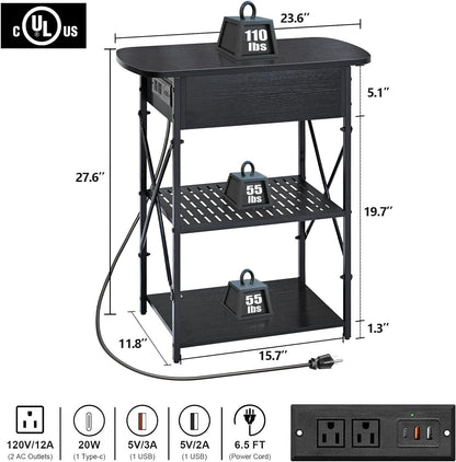 Livofloral Narrow End Table with Charging Station, Black Side Table with 3 USB Ports and 2 AC Outlets, Flip Top End Table with Storage, Side Tables Living Room, Nightstand with Drawer for Bedroom