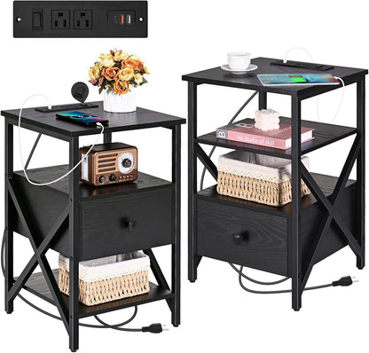 Side Tables with Charging Station, Black Charging End Table Bedside Table with Outlets, Nightstands with Wood Drawer, Night Stand with Storage for Bedroom, Living Room