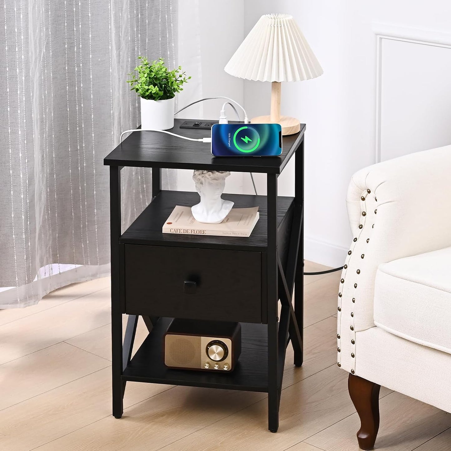 Side Tables with Charging Station, Black Charging End Table Bedside Table with Outlets, Nightstands with Wood Drawer, Night Stand with Storage for Bedroom, Living Room