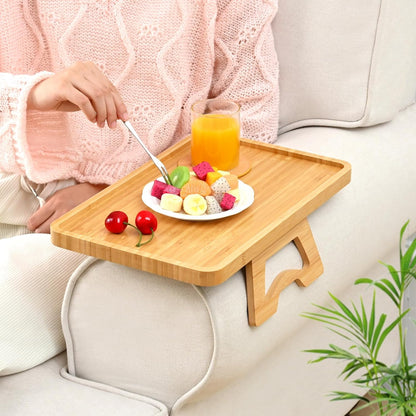 Bamboo Couch Arm Tray Table, Foldable Couch Sofa Tray, Clip On Armrest Tray, Anti-Slip Sofa Table with Coaster for Drinks & Food, Portable Sofa Side Table for Small Places, Wood