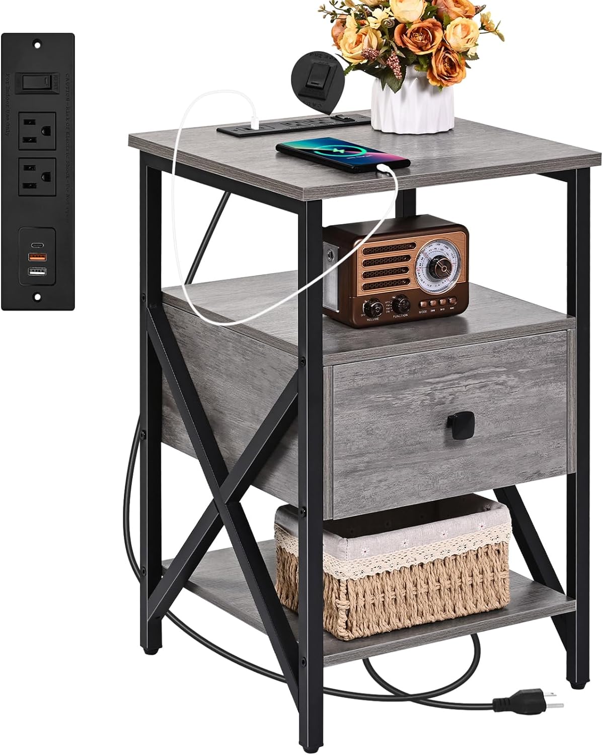 Side Tables with Charging Station, Black Charging End Table Bedside Table with Outlets, Nightstands with Wood Drawer, Night Stand with Storage for Bedroom, Living Room