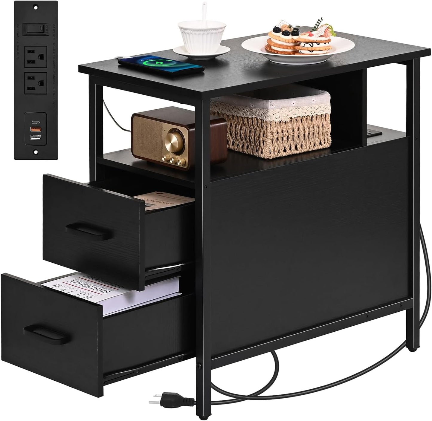 Livofloral Side Table, End Tables with Charging Station, Narrow End Table with Wooden Drawers, USB Ports and Power Outlets, Nightstand and Bedside Table, End Table Living Room, Bedroom, Dark Grey