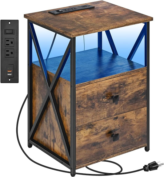 Livofloral Nightstand with Charging Station, LED End Table with Storage, Side Table with USB Ports and Outlets, Bedside Table with Wooden Storage Drawers and Shelves for Bedroom, Living Room, Brown