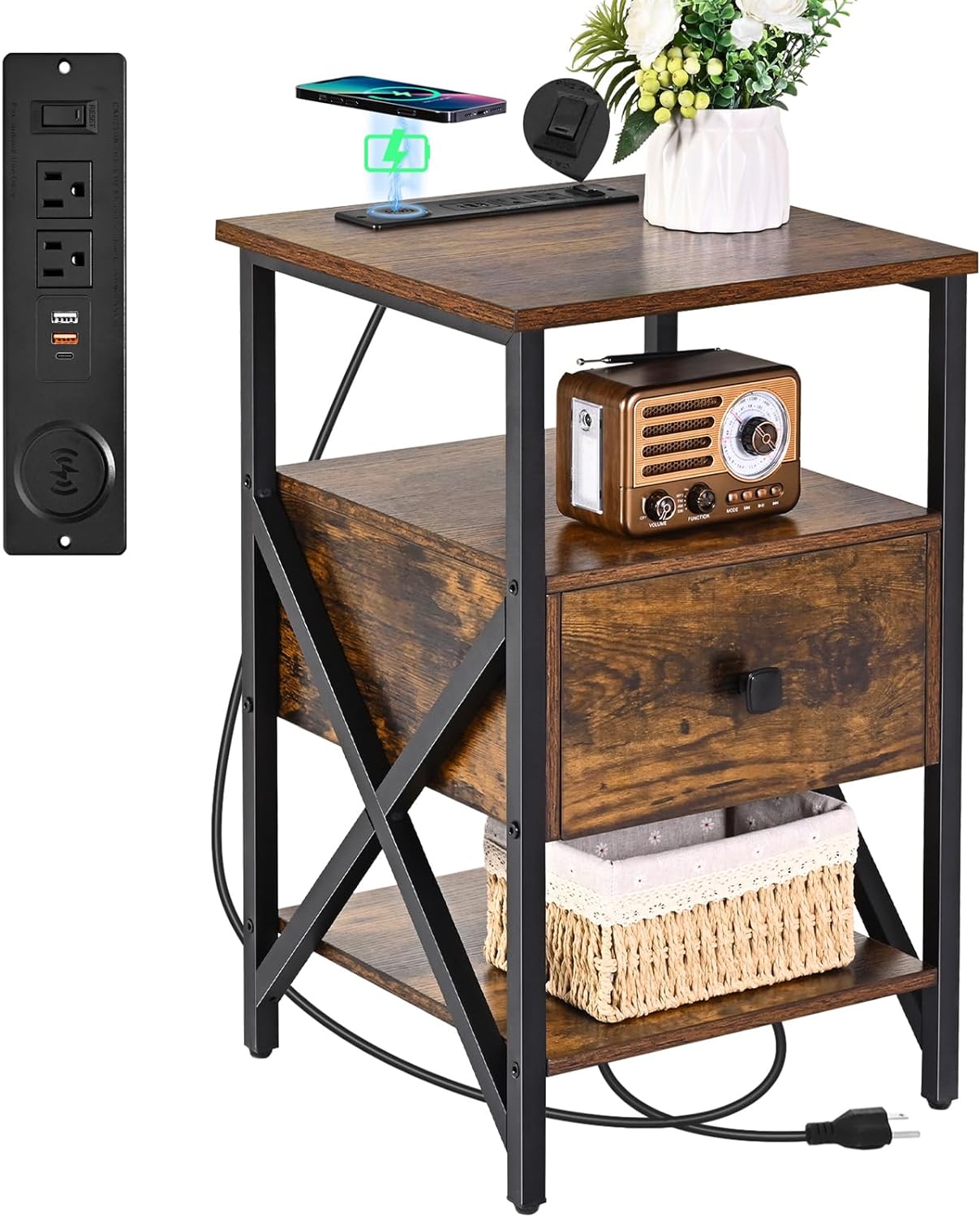 Side Tables with Charging Station, Black Charging End Table Bedside Table with Outlets, Nightstands with Wood Drawer, Night Stand with Storage for Bedroom, Living Room