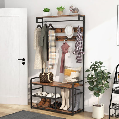 Hall Tree with Bench and Shoe Storage, 39.4in Entryway Hall Tree with Shoe Storage, Coat Rack Shoe Bench with Storage, Coat and Shoe Rack with 9 Hooks, Entryway Bench with Coat Rack, Brown