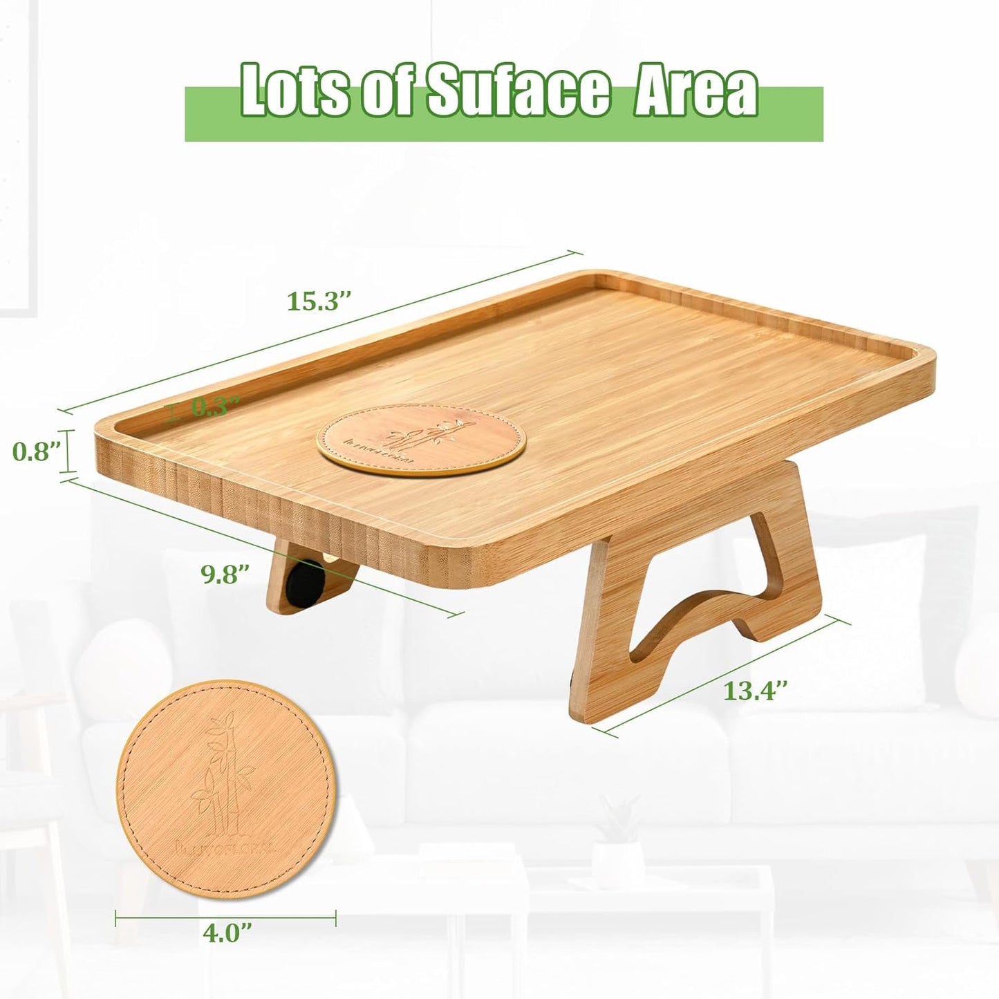 Bamboo Couch Arm Tray Table, Foldable Couch Sofa Tray, Clip On Armrest Tray, Anti-Slip Sofa Table with Coaster for Drinks & Food, Portable Sofa Side Table for Small Places, Wood