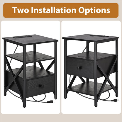 Side Tables with Charging Station, Black Charging End Table Bedside Table with Outlets, Nightstands with Wood Drawer, Night Stand with Storage for Bedroom, Living Room