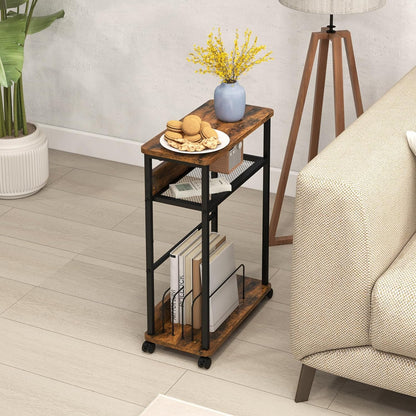 Narrow Side Table with Wheels, 3 Tier Small End Tables for Small Spaces, Sofa Table with Magazine Rack, Skinny Nightstand Table with Storage Shelf for Living Room, Bedroom, Brown