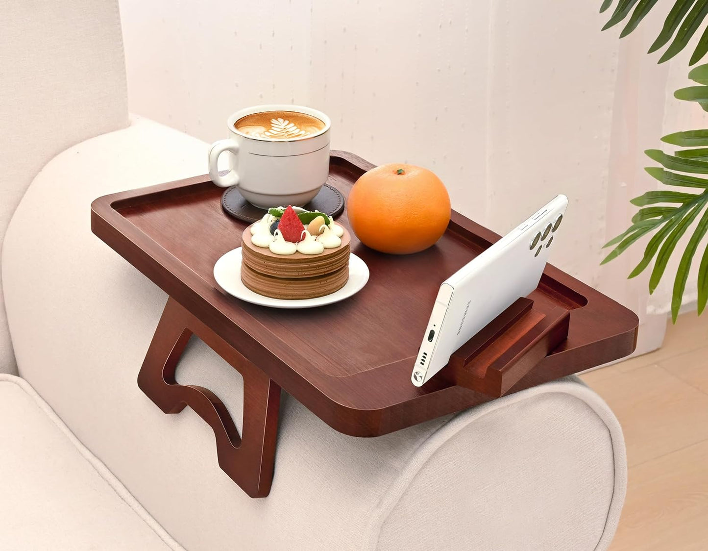 Bamboo Couch Arm Tray Table, Foldable Couch Sofa Tray, Clip On Armrest Tray, Anti-Slip Sofa Table with Coaster for Drinks & Food, Portable Sofa Side Table for Small Places, Wood