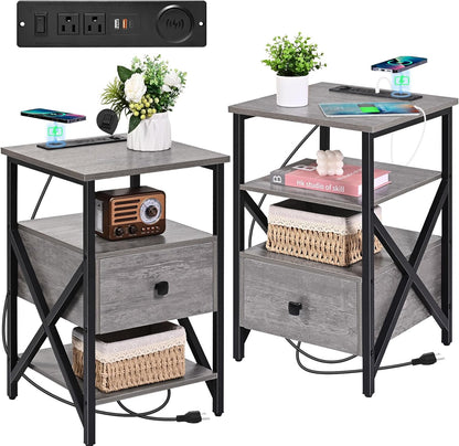 Side Tables with Charging Station, Black Charging End Table Bedside Table with Outlets, Nightstands with Wood Drawer, Night Stand with Storage for Bedroom, Living Room