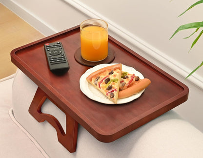 Bamboo Couch Arm Tray Table, Foldable Couch Sofa Tray, Clip On Armrest Tray, Anti-Slip Sofa Table with Coaster for Drinks & Food, Portable Sofa Side Table for Small Places, Wood