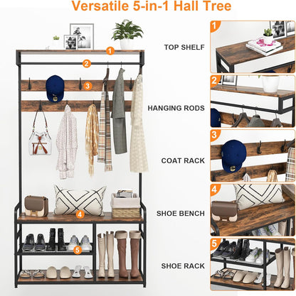 Hall Tree with Bench and Shoe Storage, 39.4in Entryway Hall Tree with Shoe Storage, Coat Rack Shoe Bench with Storage, Coat and Shoe Rack with 9 Hooks, Entryway Bench with Coat Rack, Brown