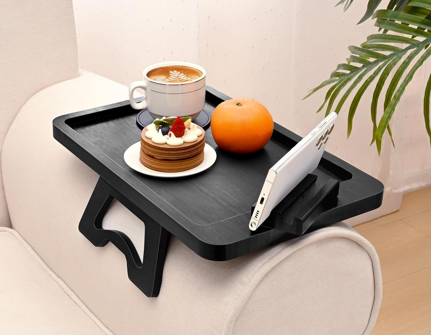 Bamboo Couch Arm Tray Table, Foldable Couch Sofa Tray, Clip On Armrest Tray, Anti-Slip Sofa Table with Coaster for Drinks & Food, Portable Sofa Side Table for Small Places, Wood