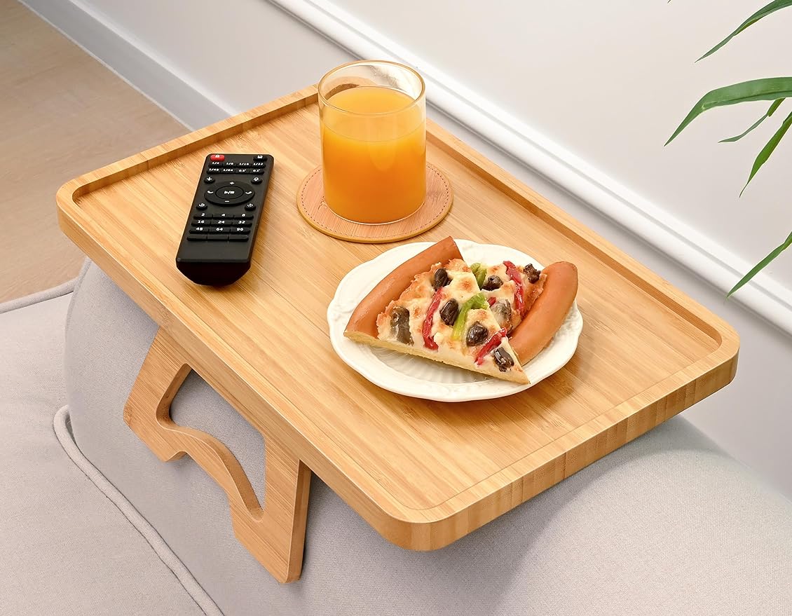 Bamboo Couch Arm Tray Table, Foldable Couch Sofa Tray, Clip On Armrest Tray, Anti-Slip Sofa Table with Coaster for Drinks & Food, Portable Sofa Side Table for Small Places, Wood