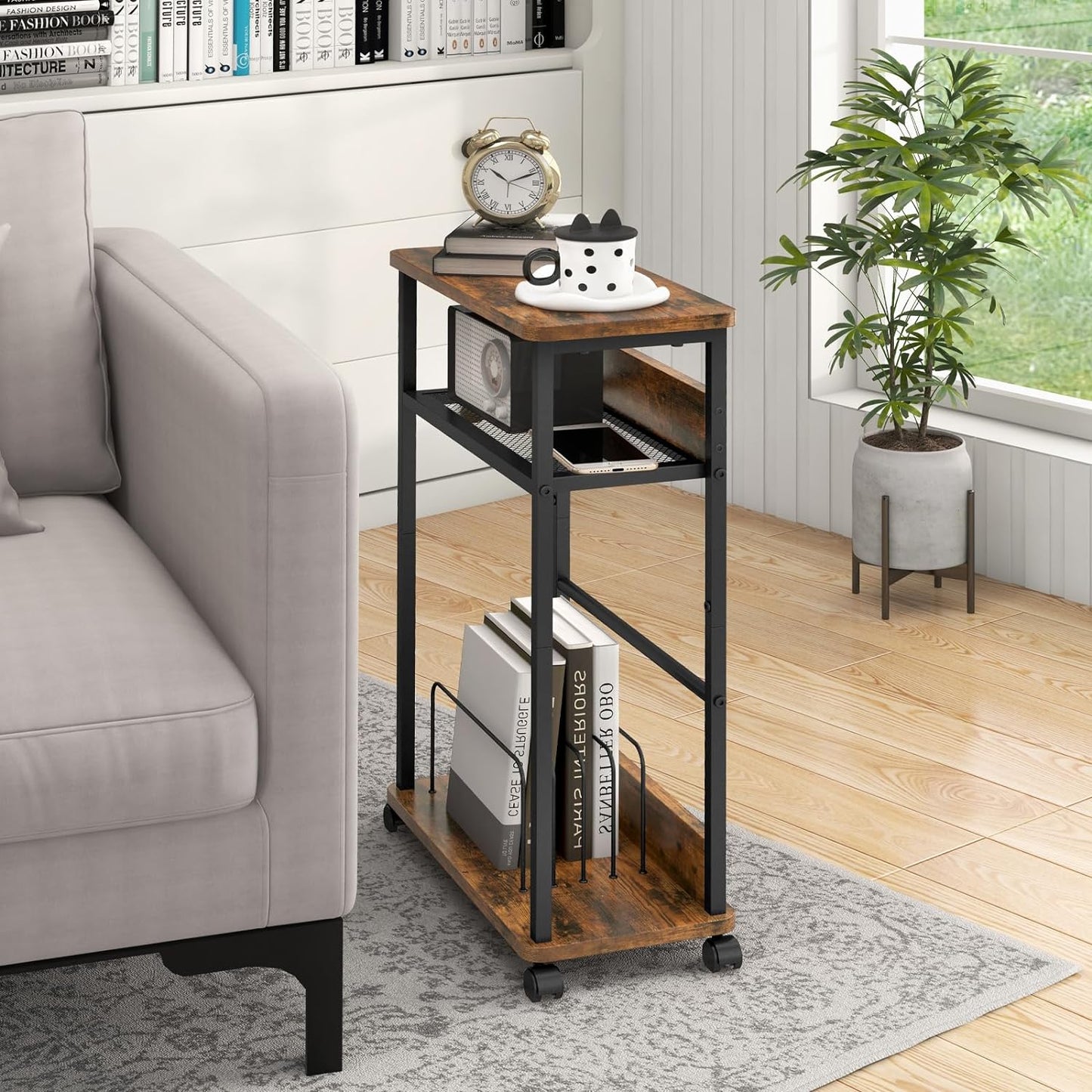 Narrow Side Table with Wheels, 3 Tier Small End Tables for Small Spaces, Sofa Table with Magazine Rack, Skinny Nightstand Table with Storage Shelf for Living Room, Bedroom, Brown