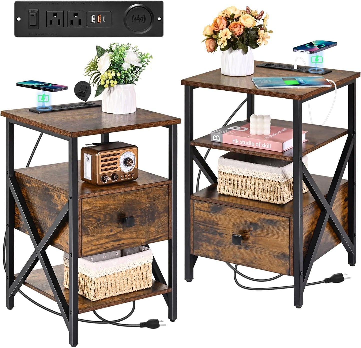 Side Tables with Charging Station, Black Charging End Table Bedside Table with Outlets, Nightstands with Wood Drawer, Night Stand with Storage for Bedroom, Living Room