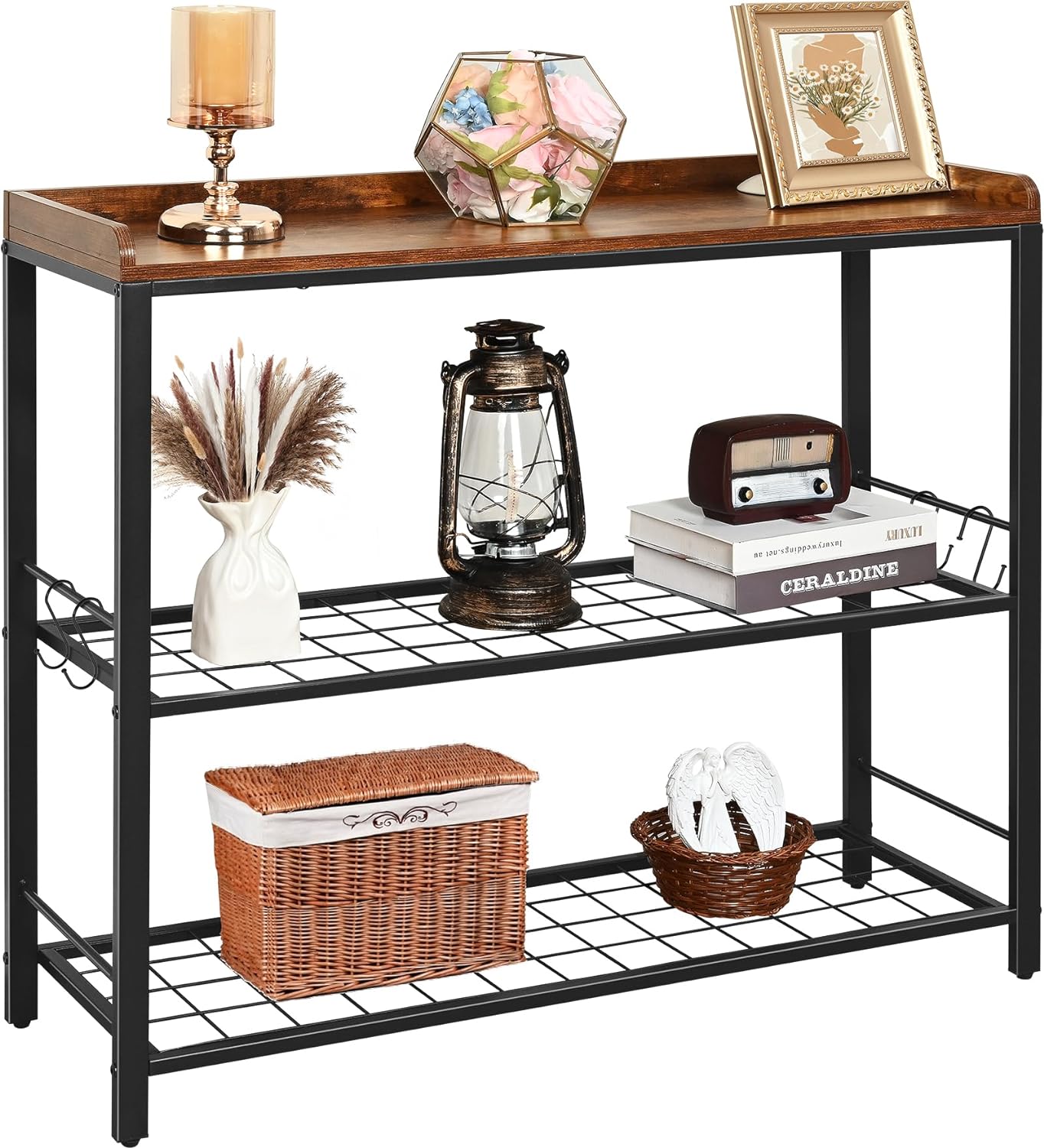 Livofloral 39.4" Entryway Table with Metal Grid Shelves, 2 Tier Narrow Sofa Tables & Console Tables with Baffle, Behind Couch Table for Hallway Bedroom Living Room Foyer Office, Rustic Brown