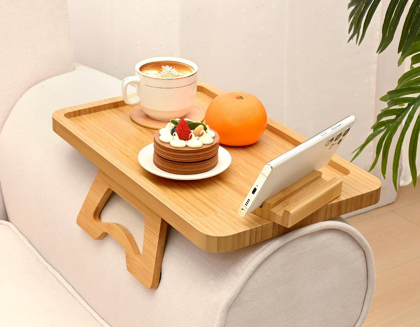 Bamboo Couch Arm Tray Table, Foldable Couch Sofa Tray, Clip On Armrest Tray, Anti-Slip Sofa Table with Coaster for Drinks & Food, Portable Sofa Side Table for Small Places, Wood